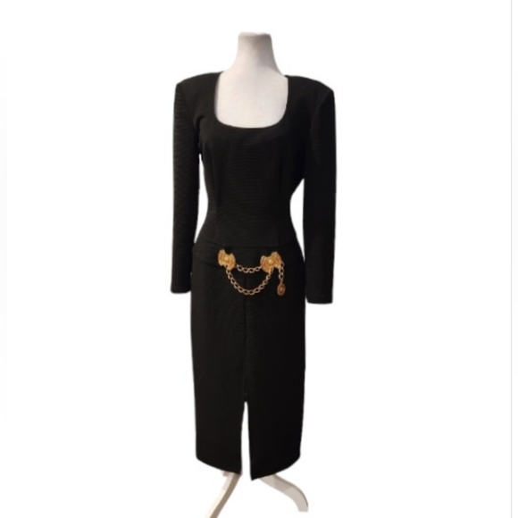Vintage Joseph Ribkoff Black Dress with Gold Medallion, Slit at Front - Picture 1 of 5